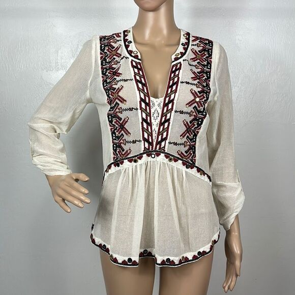 Akemi + Kin Anthropologie Ibis Boho Peasant Mesh Embroidered Top Size M - Picture 2 of 11
